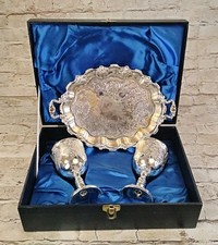 Shabbat Kiddush Goblet & Tray Set W/ Box Silver Plated Engraved Grapes Vintage picture