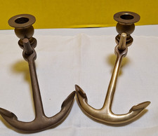 Pair of Vintage Solid Brass Anchor Candle Stick Holders Nauctical Decor 6” X 4” picture