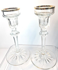 2 Vintage Rogaska Crystal Candle Sticks Holders 6 1/2” Gold Trim Star Burst Pair picture