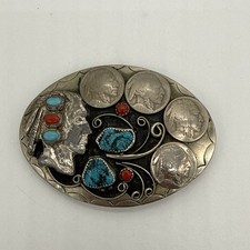 Vintage Turquoise Buffalo Nickels Native American Chief Buckle picture