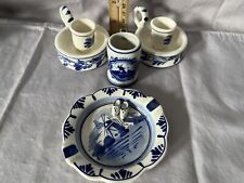 Delft Blue 2 short candleholders, trinket tray, toothpick holder picture