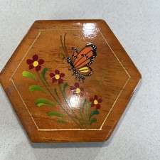 Hexagon Wooden Trinket Box Hand Painted Butterfly Floral Hinged Jewelry T-1132 picture