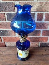 Map Motif - Vintage Cobalt B Glass Small Oil Kerosene Lamp - Hong Kong - 8” Tall picture