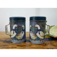 Vintage Salt & Pepper Shakers Canister Tin Aluminum Metal Winter Geese Goose picture
