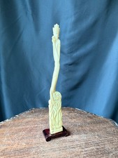 Vintage Balinese Carved Bovine Bone Goddess & Demon Statue Lotus on Stand 12 In picture