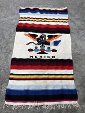 Vintage Hand Woven Mexican Blanket Cotton Weave Bird Fringe Rare  72x40 picture