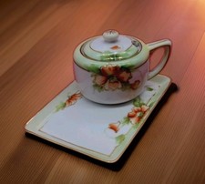 3pc Nippon Hand Painted Poppies Porcelain Lidded Jam Mustard Jar & Tray picture