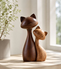 Wood Grain Resin Cat Pair Sculpture Dark Brown and Light Brown Animal Figurine  picture