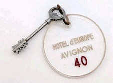 Vintage Hotel d'Europe Key Avignon France Metal Skeleton Key & Clear Circle Fob picture