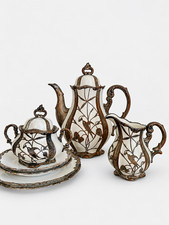 Antique Art Nouveau Sterling Silver Overlay Tea Set Hertel Jacob Bavaria Birds picture
