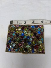 Vintage 1950s Jeweled Rhinestone Cigarette Case Gold Tone Multicolor Glam picture