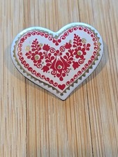 Vintage Austrian Enamel Folk Art heart Brooch White Red Gold picture