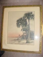 OLD VINTAGE TINTED PHOTO PALM TREES BEACH ART DECO PERIOD GILT FRAME picture