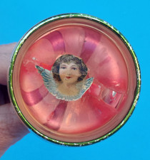 Vintage RARE Mercury GLASS Silver REFLECTOR Pink DIORAMA Cherub CLIP Ornament picture