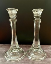 VTG Indiana Glass Clear Hex Panel 8” Pair Candlestick Holders Pressed Glass picture