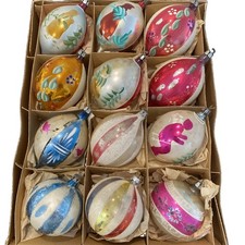 Vintage Poland Glass Christmas Ornaments Teardrop Mica Hand Painted Box Set 12 picture