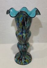 Stunning Czeck Art Deco Bohemian Stepped Splatter Glass Vase w/Ruffle Edge Blue picture