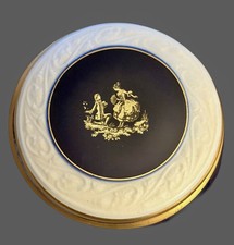 Vintage Cobalt & Gold Trim~Porcelain Trinket Box~Crowned N~Courting Couple~1950s picture