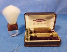 Vintage 1940's Gillette Gold Aristocrat Safety Razor w/ Case And Shaving Brush picture