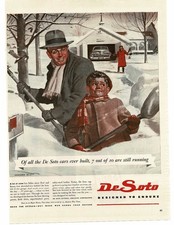 1942 DeSoto DeLuxe Sedan father son digging out from snow 1945 Vintage Print Ad picture