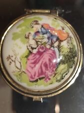 Vintage Porcelain Metal Pill Box  Japan Victorian Romantic Courting Couple 1