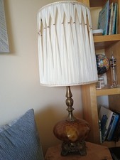 LOT of TWO MCM Amber Blown Glass Table Lamps Hollywood Regency Style 1960s picture