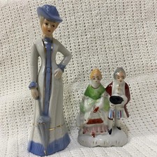 Lot of 2 Porcelain Figurines Victorian Lady Blue Colonial Couple Gold Accents picture