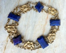 9g Rare Chinese Export Art Deco Lapis Lazuli & Gold Vermeil Bracelet 7 5/8
