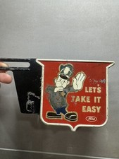 Vtg 40-50’s FORD Traffic Cop Metal  “let’s Take Easy” Slide License Plate Topper picture
