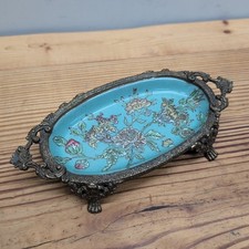 Vintage Hua Ping / Rong Tang Zhi Porcelain Trinket Soap Dish Brass Footed Floral picture