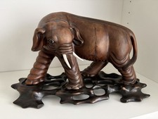 Vintage Chinese Carved Wooden Elephant Sculpture Glass Eyes Ornate Wood Stand picture
