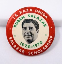 Vintage La Raza Unida Ruben Salazar Scholarship Pinback Button Chicano Movement picture