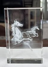 Crystal Laser Etched 3D Horses Glass Paperweight Equestrian HEAVY Original Box picture