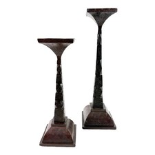 x2 Vintage Heavy Tribal Hand Stamped Iron Pillar Candle Holder Sticks 15in 19in picture