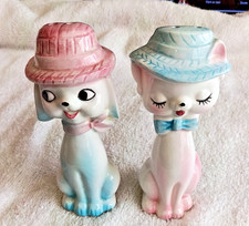 VTG Kitsch Dog & Cat w/ Hats Salt & Pepper Shakers Ceramic Anthropomorphic AS IS picture