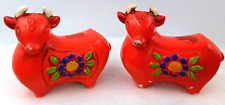 Royal Sealy Cow Salt Pepper Shakers Ceramic Orange Red Floral Japan Vtg Set of 2 picture