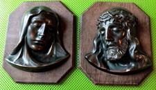 Vintage Bronze Plaque's of Jesus and Mary On Wood Mounted Hangings. #M. GA#2 picture