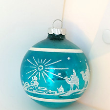 Vintage Shiny Brite 3 Wisemen Nativity Christmas Ornament Mica Stencil Blue picture
