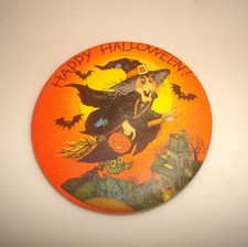 VINTAGE Hallmark HAPPY HALLOWEEN Witch Pin BUTTON 70's *Excellent picture