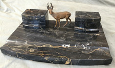 Antique Desk Top Inkwell Italian Portoro Black Marble Gold Vein - Bronze Stag picture