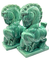 Vintage Gonder Pottery Grecian Horse Bookends Green Glaze Mid Century Mold 211 picture