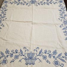 Vintage 1950s White Linen Tablecloth with Blue Hand Embroidery and French Knots picture