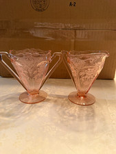 Vintage Pink Depression Glass Etched Floral Creamer & Sugar Bowl – 2-Piece Set picture