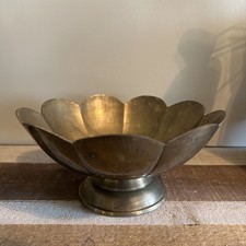 Large Vintage Brass Scalloped Pedestal Centerpiece Display Bowl Made In India picture
