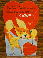 Vintage Anthropomorphic Valentine Card -Goldfish with Lashes & Lipstick picture