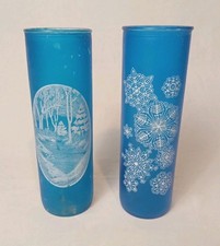 2Vintage Pre- 1970’s Frosted Cylinder Candleholder with Winter Scene 9 Inch Tall picture