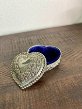Vintage Ornate Silver Tone Heart Jewelry Trinket Box Blue Velvet Lined picture