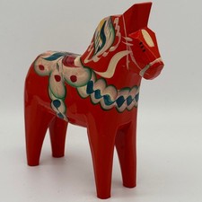 Vintage Nils Olsson Swedish Dala Horse Red Wood Folk Art Sweden Stamped Vtg 7x6 picture