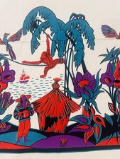 VTG 50s Tropical Novelty Cotton Border Print Fabric Jungle Monkey Tiki 35”X 4 YD picture