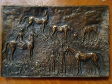 Antique Xlarge Hungary Bronze Relief Medal Plaque Child Horse Female Artist Wood picture